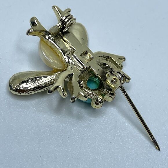 Vintage Bumblebee Mini Brooch Pin Aqua Cabochon Rhinestone 1" Estate Gold Tone - Picture 2 of 6
